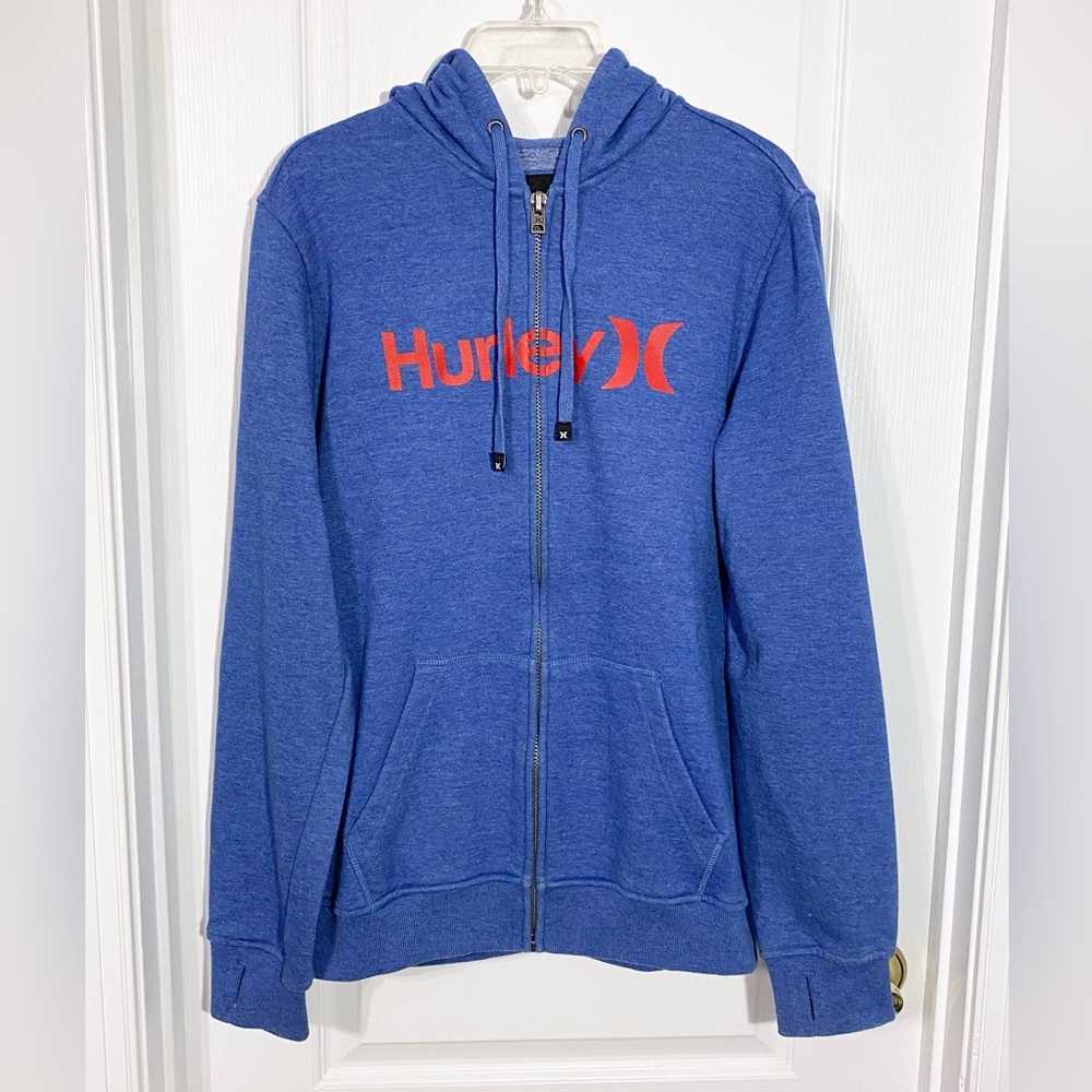 Y2K Hurley Logo Fleece Full Zip Up Hoodie Blue Red Men’s Medium